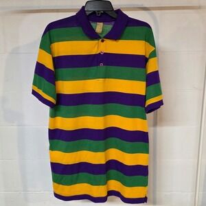 SS 80s/90s Men Large Mardi Gras Striped Polo Purple Green Gold Short Sleeve NOLA